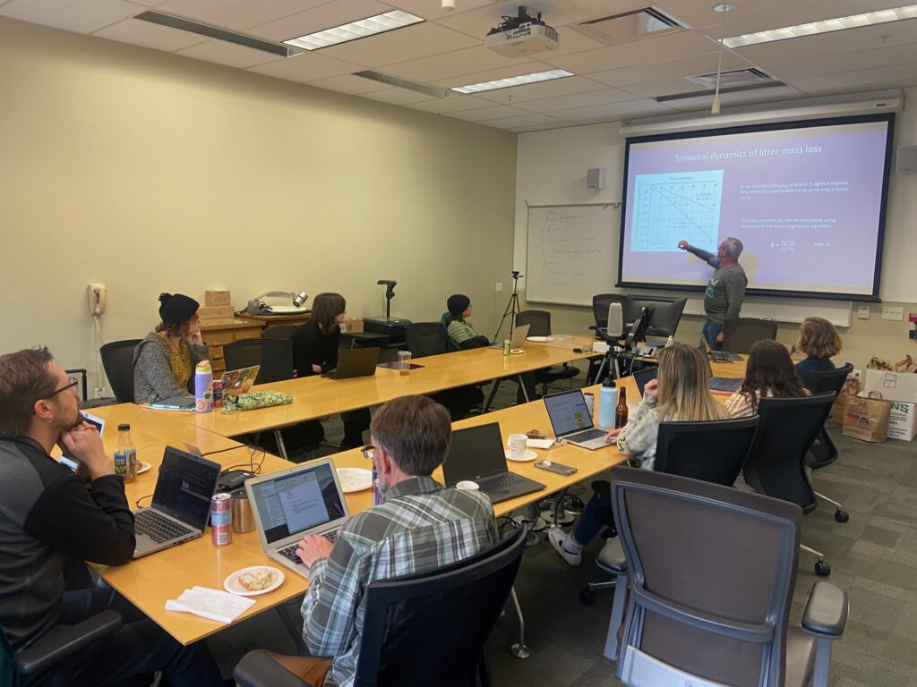 MSRP participants in the MSRP analysis workshop analyzing data and exploring how mulching influences regional carbon dynamics